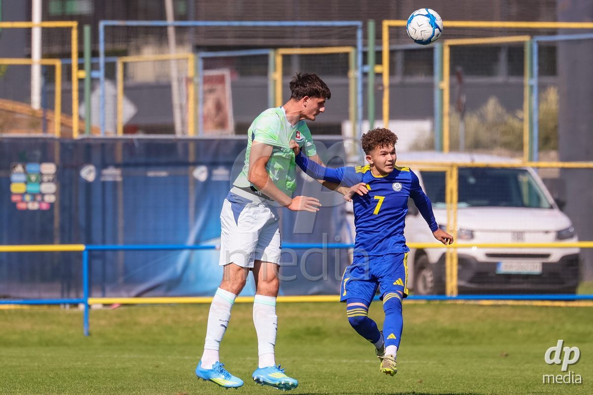 DUNAJSKA LUZNA, SLOVAKIA - SEPTEMBER 28: Aleksandar Sekulic 14 of Switzerland controls the ball during the International Friendly football match between Kazakhstan U19 and Switzerland U19 on September 28, 2026 in Dunajska Luzna, Slovakia.