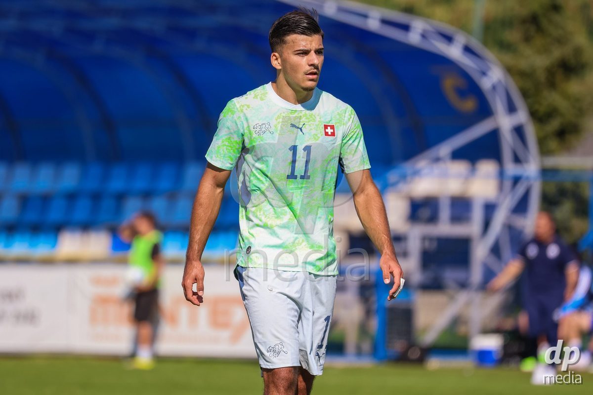 DUNAJSKA LUZNA, SLOVAKIA - SEPTEMBER 28: Nevio Scherrer 11 of Switzerland contentration the International Friendly football match between Kazakhstan U19 and Switzerland U19 on September 28, 2026 in Dunajska Luzna, Slovakia.
