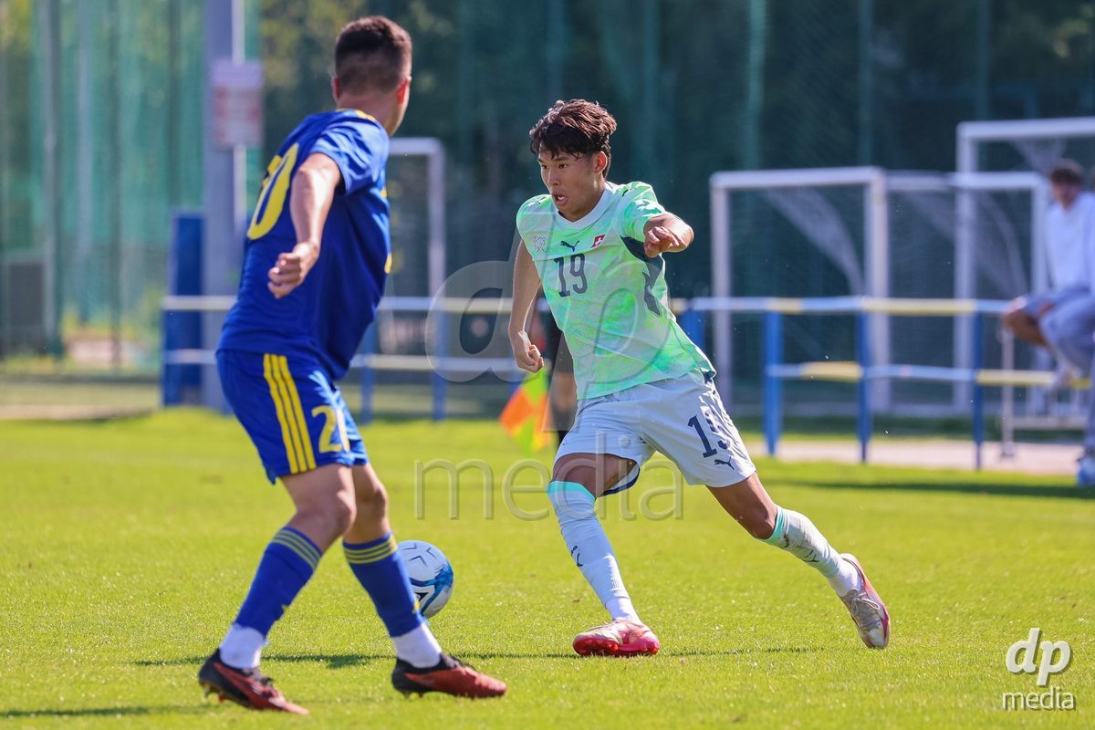 DUNAJSKA LUZNA, SLOVAKIA - SEPTEMBER 28: orbu Lhakpa 19 of Switzerland controls the ball during the International Friendly football match between Kazakhstan U19 and Switzerland U19 on September 28, 2026 in Dunajska Luzna, Slovakia.