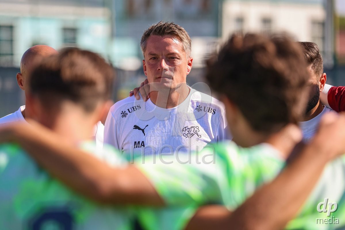 DUNAJSKA LUZNA, SLOVAKIA - SEPTEMBER 28: Switzerland delight  the International Friendly football match between Kazakhstan U19 and Switzerland U19 on September 28, 2026 in Dunajska Luzna, Slovakia.