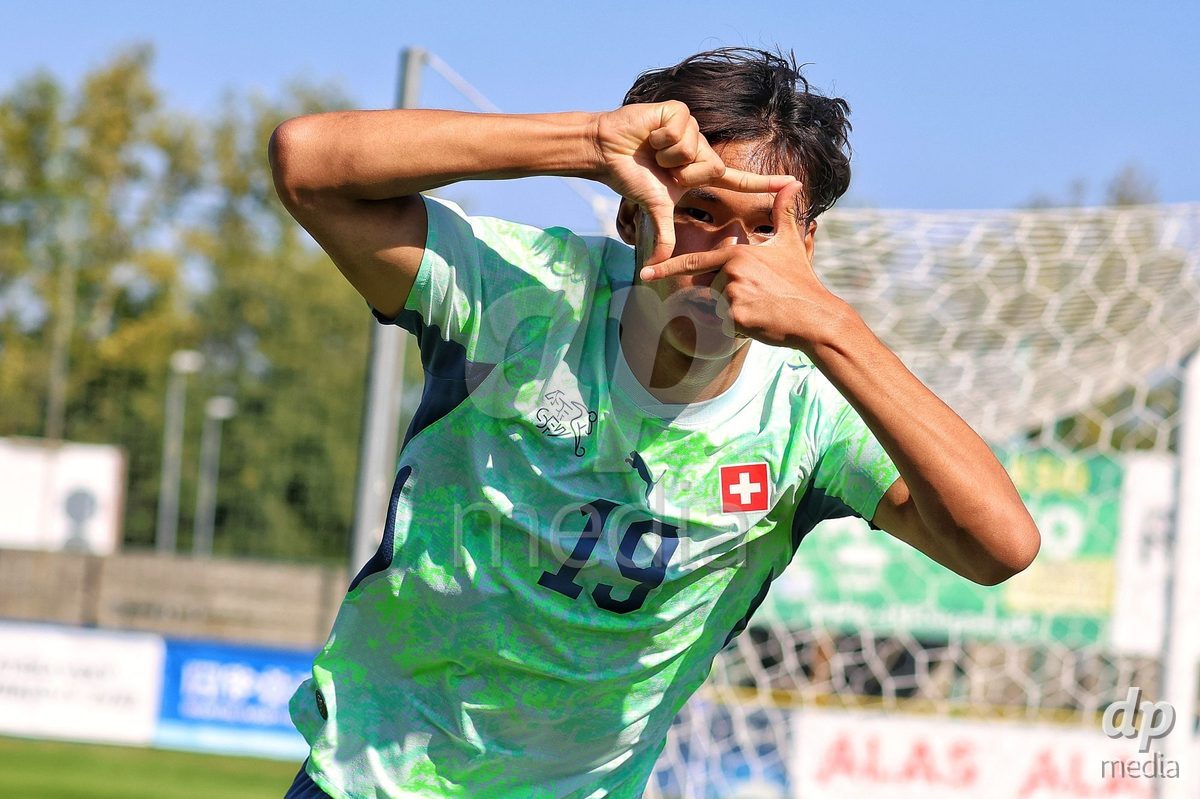 DUNAJSKA LUZNA, SLOVAKIA - SEPTEMBER 28:  Norbu Lhakpa 19 goal celebration struggle for the ball during the friendly international football match between Kazakhstan U19 and Switzerland U19 on September 28, 2026 in Dunajska Luzna, Slovakia.