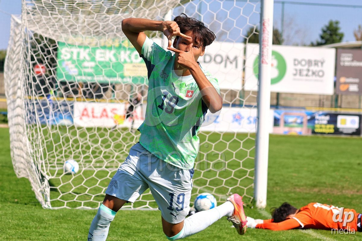 DUNAJSKA LUZNA, SLOVAKIA - SEPTEMBER 28:  Norbu Lhakpa 19 goal celebration struggle for the ball during the friendly international football match between Kazakhstan U19 and Switzerland U19 on September 28, 2026 in Dunajska Luzna, Slovakia.