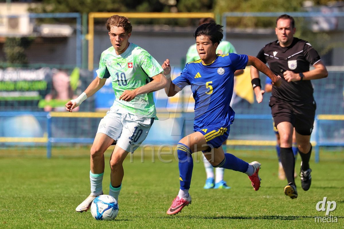 DUNAJSKA LUZNA, SLOVAKIA - SEPTEMBER 28: Mladen Mijajlovic 10 of Switzerland controls the ball during the International Friendly football match between Kazakhstan U19 and Switzerland U19 on September 28, 2026 in Dunajska Luzna, Slovakia.