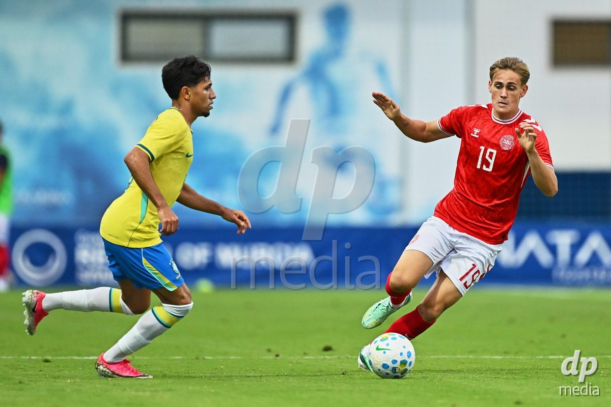 SAN PEDRO DEL PINATAR, SPAIN - SEPTEMBER 28: Hjalte Laerke of Denmark during the International Friendly match between Denmark U20 and Brazil U20 at Pinatar Arena on September 28, 2026 in San Pedro del Pinatar, Spain.