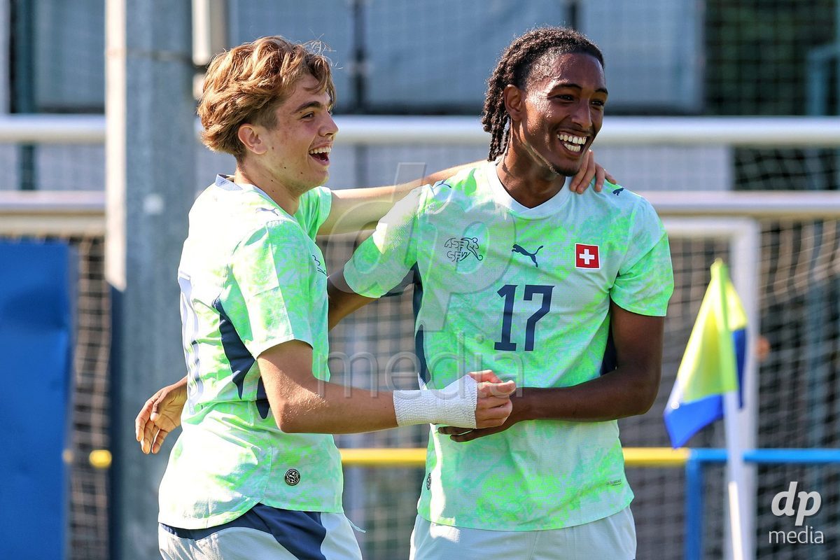 DUNAJSKA LUZNA, SLOVAKIA - SEPTEMBER 28: Josiah Seyfu 17 of Switzerland goal celebration the friendly international football match between Kazakhstan U19 and Switzerland U19 on September 28, 2026 in Dunajska Luzna, Slovakia.