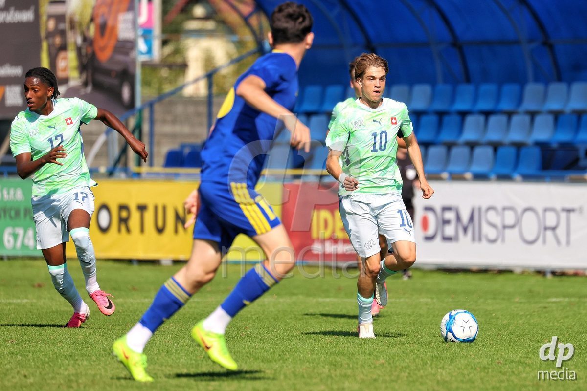 DUNAJSKA LUZNA, SLOVAKIA - SEPTEMBER 28: Mladen Mijajlovic 10 of Switzerland controls the ball during the International Friendly football match between Kazakhstan U19 and Switzerland U19 on September 28, 2026 in Dunajska Luzna, Slovakia.