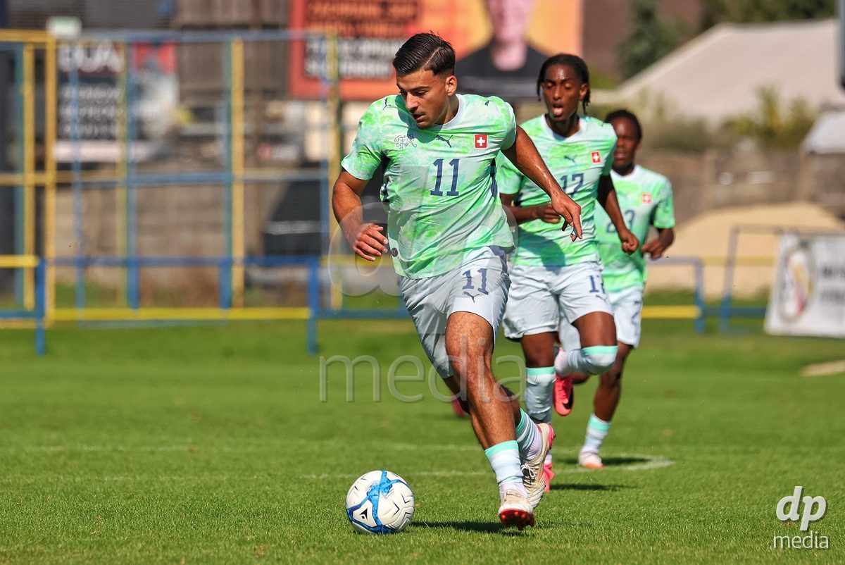 DUNAJSKA LUZNA, SLOVAKIA - SEPTEMBER 28: Nevio Scherrer 11 of Switzerland controls the ball during the friendly international football match between Kazakhstan U19 and Switzerland U19 on September 28, 2026 in Dunajska Luzna, Slovakia.