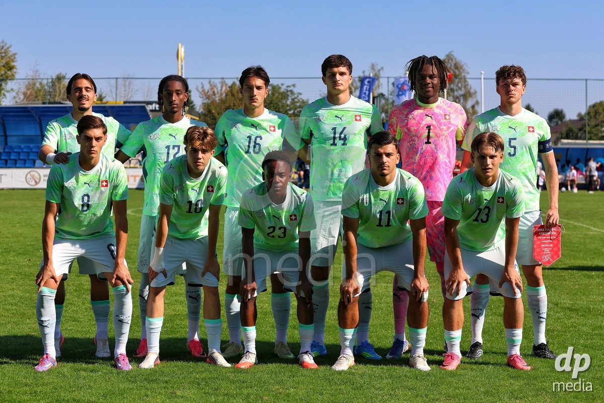 DUNAJSKA LUZNA, SLOVAKIA - SEPTEMBER 28: Switzerland team photo the friendly international football match between Kazakhstan U19 and Switzerland U19 on September 28, 2026 in Dunajska Luzna, Slovakia.