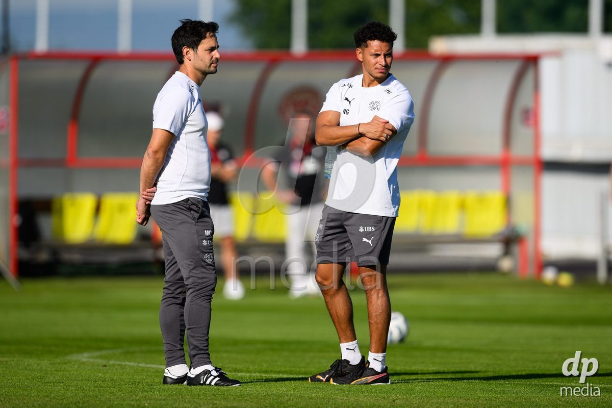 KOSMONSY, CZECH REPUBLIC - SEPTEMBER 28: Mike Chiari and Nicolas Gonzalez during warm up before the International Friendly match between Czech Republic U18 and Switzerland U18 on September 28, 2026 in Kosmonsy, Czech Republic.