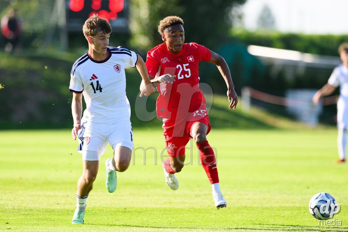 KOSMONSY, CZECH REPUBLIC - SEPTEMBER 28: Sebastian Jager of Czechia (left) and Mathis Dind of Switzerland during the International Friendly match between Czech Republic U18 and Switzerland U18 on September 28, 2026 in Kosmonsy, Czech Republic.