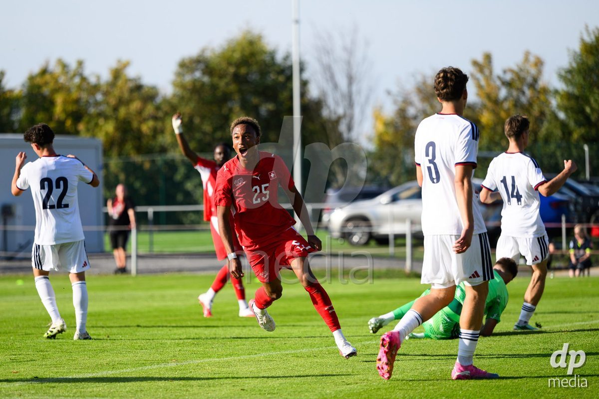 KOSMONSY, CZECH REPUBLIC - SEPTEMBER 28: Mathis Dind of Switzerland celebrates the opening goal during the International Friendly match between Czech Republic U18 and Switzerland U18 on September 28, 2026 in Kosmonsy, Czech Republic.