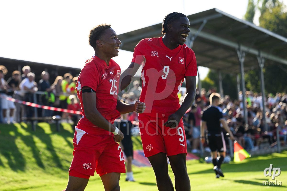 KOSMONSY, CZECH REPUBLIC - SEPTEMBER 28: Shedrach Ogbodu (right) and Mathis Dind of Switzerland celebrate the opening goal during the International Friendly match between Czech Republic U18 and Switzerland U18 on September 28, 2026 in Kosmonsy, Czech Republic.