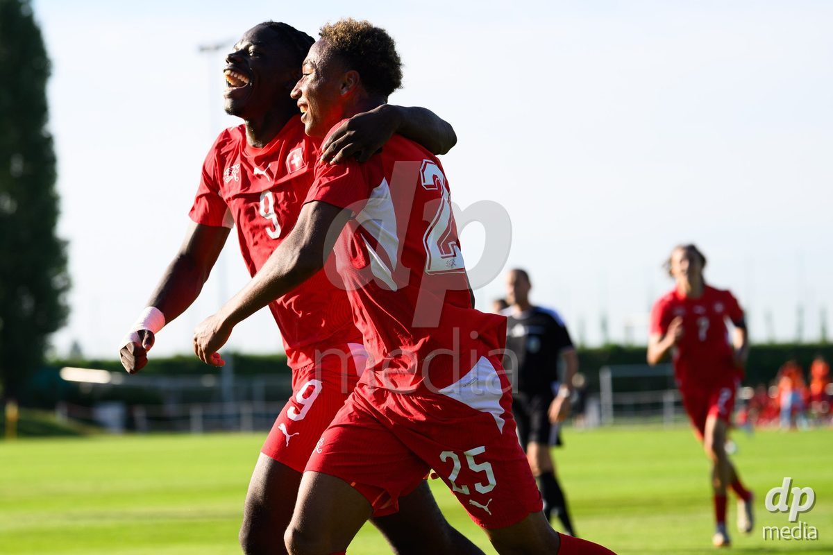 KOSMONSY, CZECH REPUBLIC - SEPTEMBER 28: Shedrach Ogbodu (left) and Mathis Dind of Switzerland celebrate the opening goal during the International Friendly match between Czech Republic U18 and Switzerland U18 on September 28, 2026 in Kosmonsy, Czech Republic.