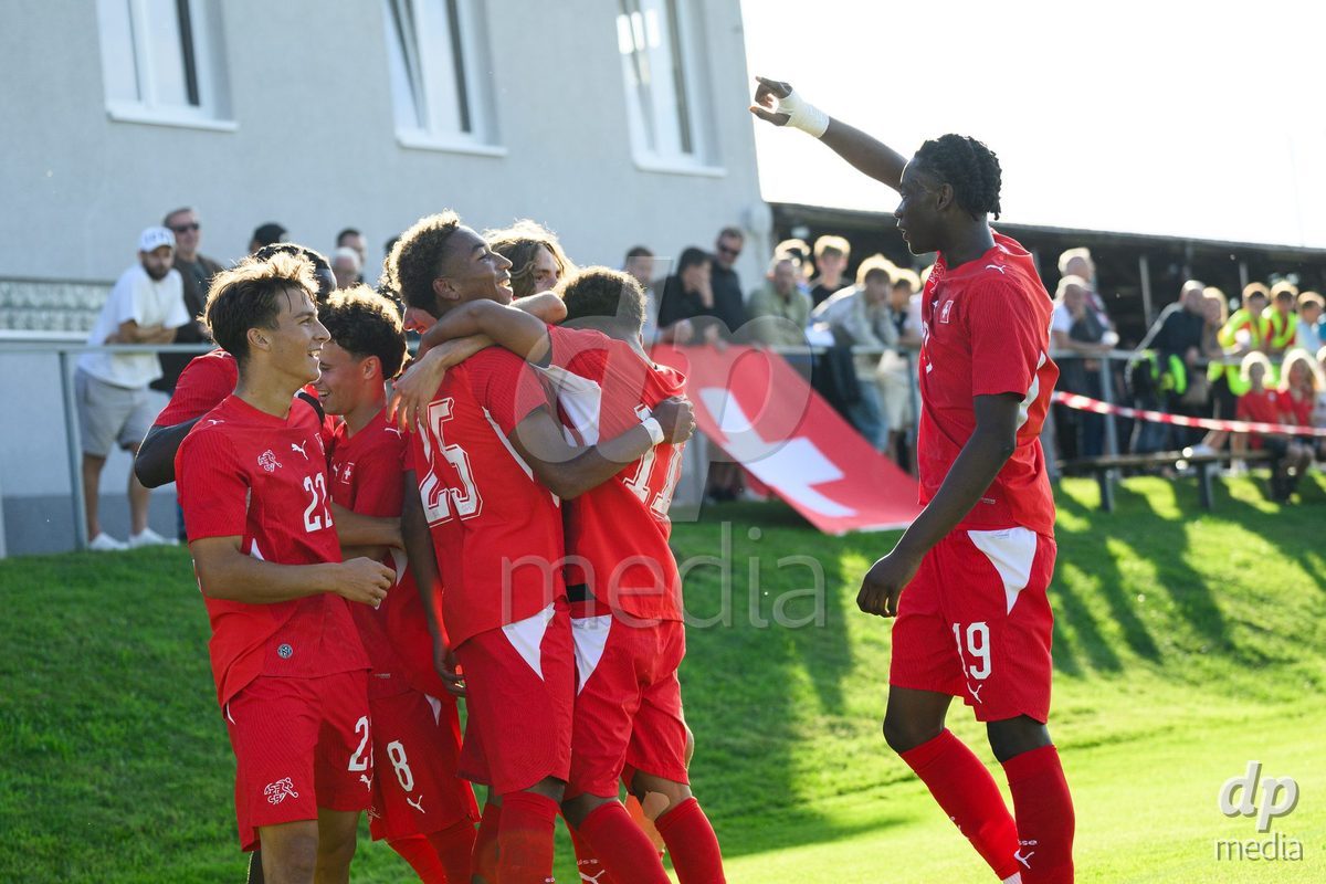 KOSMONSY, CZECH REPUBLIC - SEPTEMBER 28: Players of Switzerland celebrate the opening goal during the International Friendly match between Czech Republic U18 and Switzerland U18 on September 28, 2026 in Kosmonsy, Czech Republic.