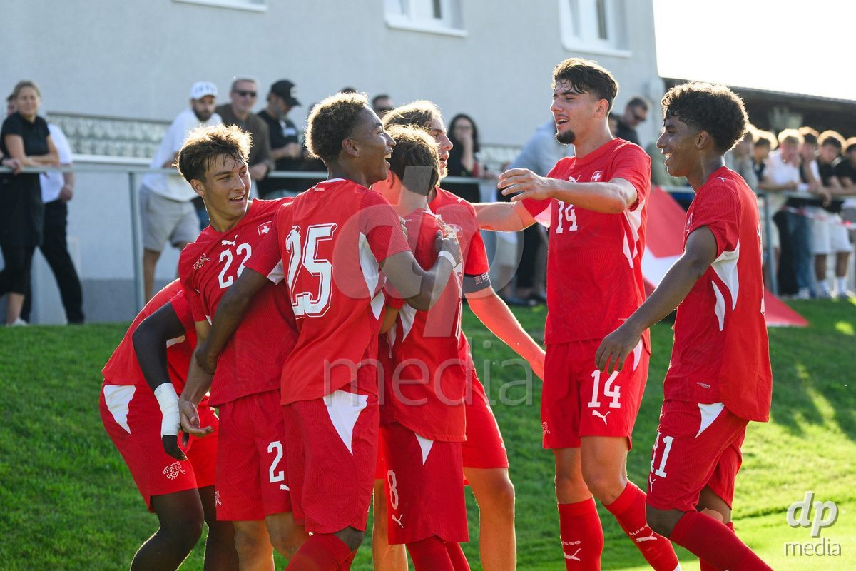KOSMONSY, CZECH REPUBLIC - SEPTEMBER 28: Players of Switzerland celebrate the opening goal during the International Friendly match between Czech Republic U18 and Switzerland U18 on September 28, 2026 in Kosmonsy, Czech Republic.