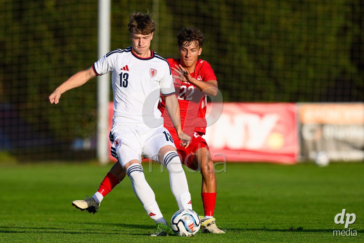 KOSMONSY, CZECH REPUBLIC - SEPTEMBER 28: Adam Chladek of Czechia (left) and Gregorijan Mihajlovski of Switzerland during the International Friendly match between Czech Republic U18 and Switzerland U18 on September 28, 2026 in Kosmonsy, Czech Republic.