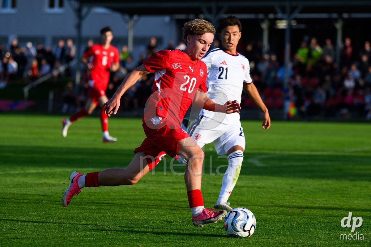 KOSMONSY, CZECH REPUBLIC - SEPTEMBER 28: Luc Gigon of Switzerland and Chinguun Bolorbold of Czechia during the International Friendly match between Czech Republic U18 and Switzerland U18 on September 28, 2026 in Kosmonsy, Czech Republic.