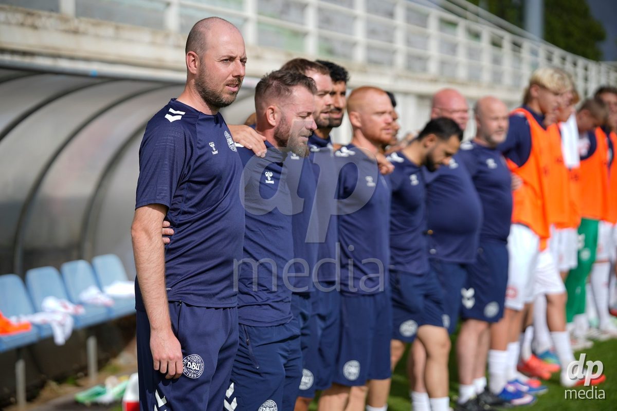 MEALHADA, PORTUGAL - SEPTEMBER 30: Kasper Kececi, Head Coach of Denmark singing the national anthem prior to  the International Friendly match between Denmark U17 and Qatar U17 at Estadio Municipal Dr. Americo Couto on September 30, 2026 in Mealhada, Portugal.