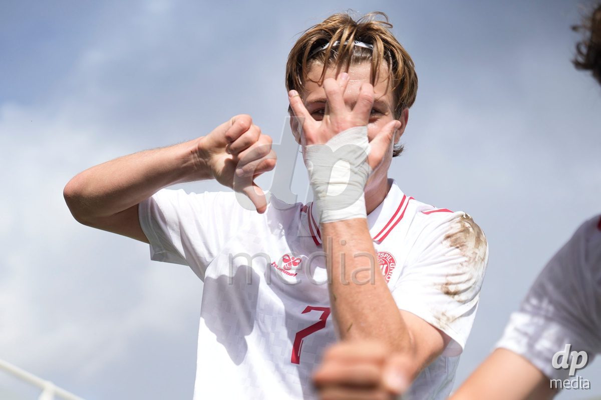 MEALHADA, PORTUGAL - SEPTEMBER 30: Tobias Ekstrand of Denmark celebrates a goal during the International Friendly match between Denmark U17 and Qatar U17 at Estadio Municipal Dr. Americo Couto on September 30, 2026 in Mealhada, Portugal.