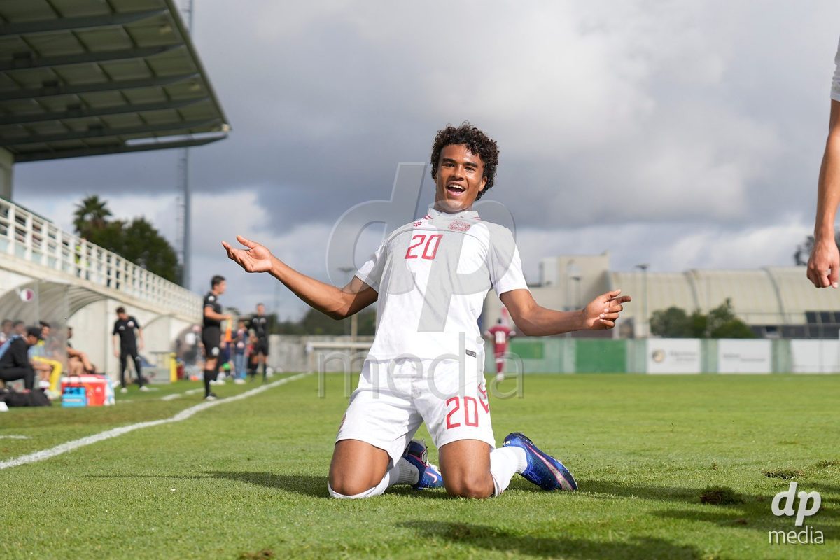 MEALHADA, PORTUGAL - SEPTEMBER 30: Tristan Freiesleben of Denmark celebrates a goal during the International Friendly match between Denmark U17 and Qatar U17 at Estadio Municipal Dr. Americo Couto on September 30, 2026 in Mealhada, Portugal.
