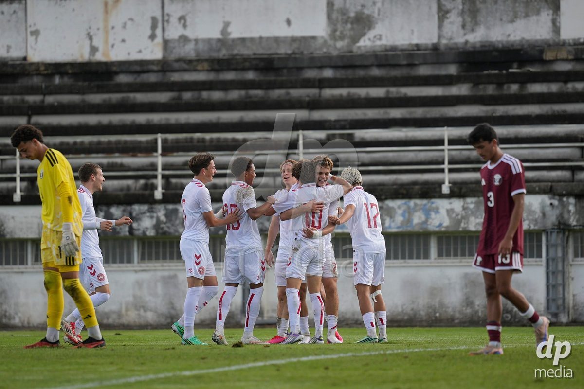 MEALHADA, PORTUGAL - SEPTEMBER 30: Tobias Ekstrand of Denmark celebrates with teammates during the International Friendly match between Denmark U17 and Qatar U17 at Estadio Municipal Dr. Americo Couto on September 30, 2026 in Mealhada, Portugal.