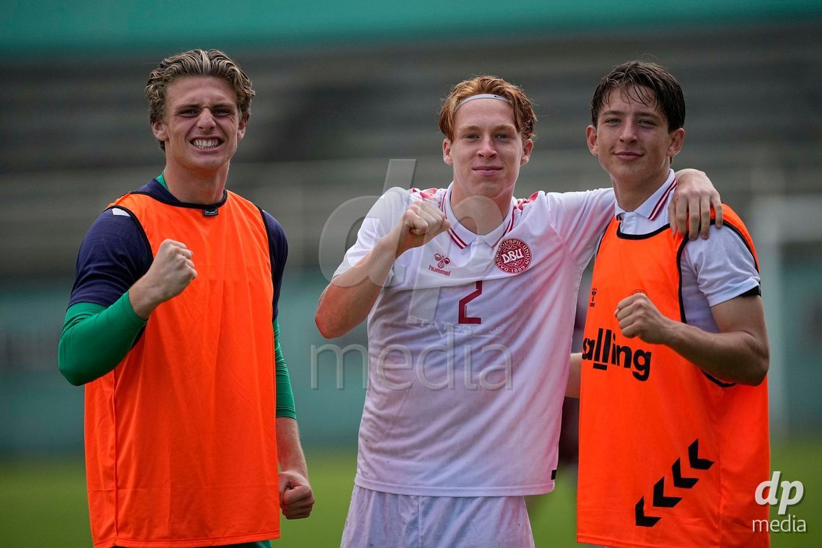 MEALHADA, PORTUGAL - SEPTEMBER 30: Karl Kotsis of Denmark celebrates with teammates during the International Friendly match between Denmark U17 and Qatar U17 at Estadio Municipal Dr. Americo Couto on September 30, 2026 in Mealhada, Portugal.
