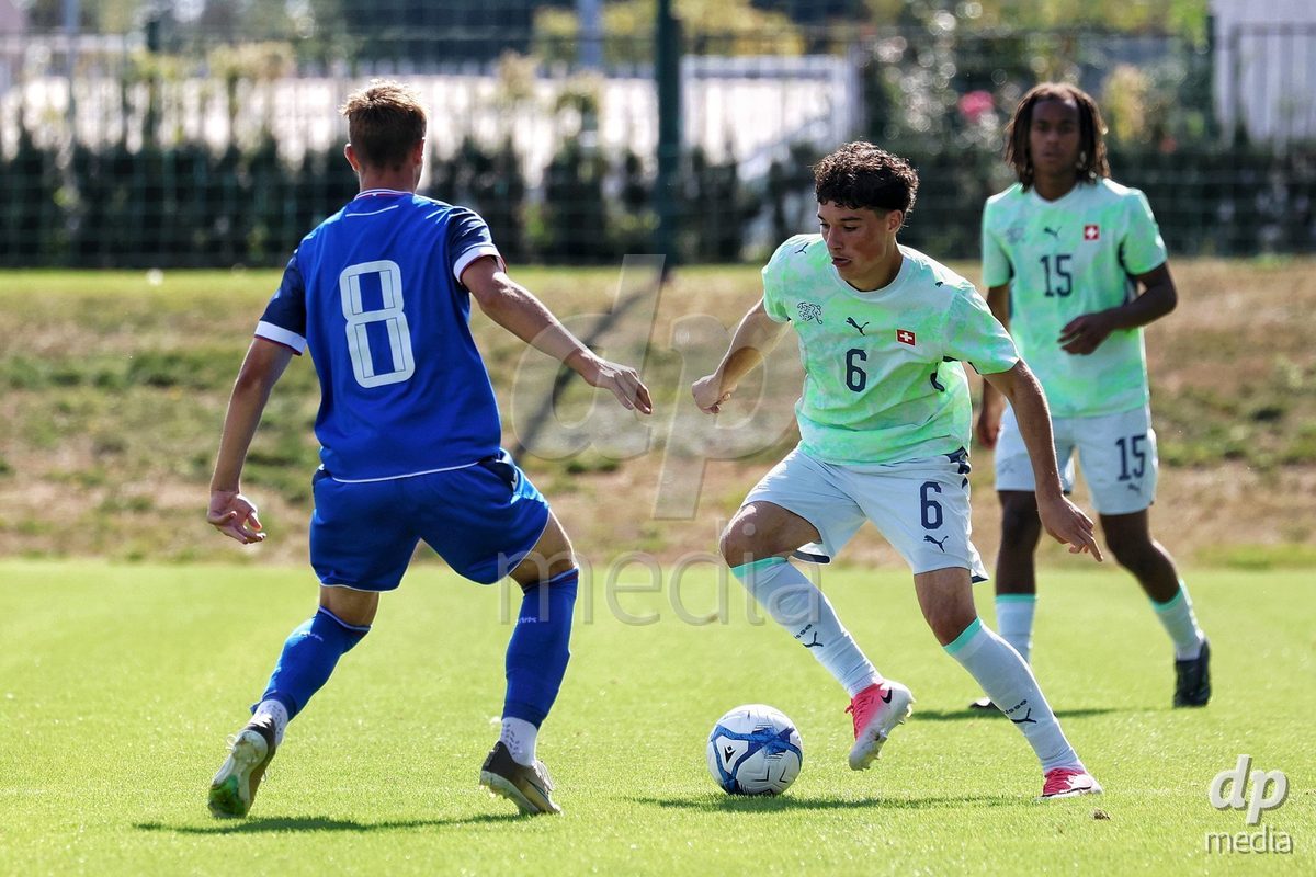 SENEC, SLOVAKIA - OCTOBER 1:Ethan Bruchez 6 of Switzerland controls the ball during the International Friendly football match between Slovakia U19 and Switzerland U19 at NTC Senec on October on 1st October 2026 in Senec, Slovakia.