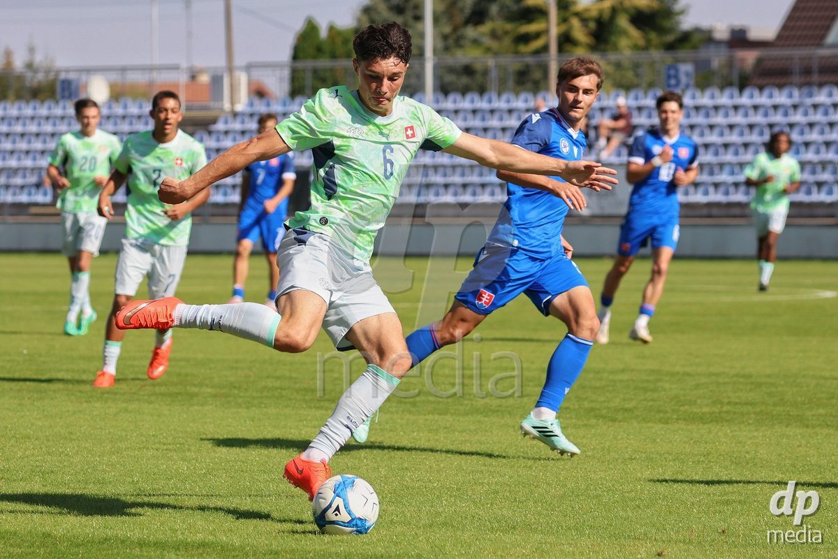 SENEC, SLOVAKIA - OCTOBER 1:Ethan Bruchez 6 of Switzerland controls the ball during the International Friendly football match between Slovakia U19 and Switzerland U19 at NTC Senec on October on 1st October 2026 in Senec, Slovakia.