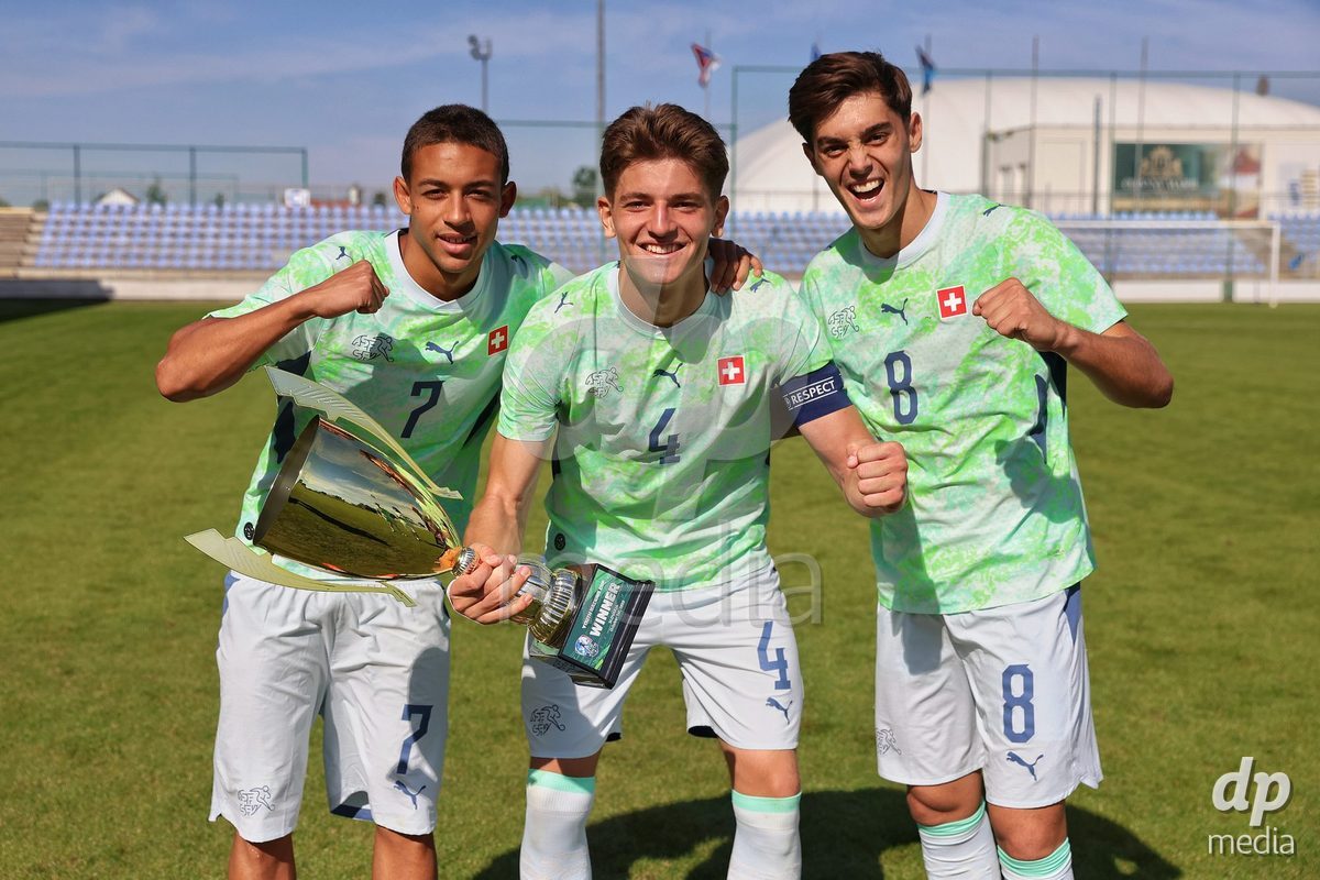 SENEC, SLOVAKIA - OCTOBER 1:Erblin Sadikaj 4 and The Switzerland team is the tournament winner of International Friendly football match between Slovakia U19 and Switzerland U19 at NTC Senec on October on 1st October 2026 in Senec, Slovakia.
