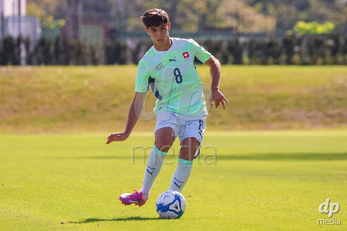 SENEC, SLOVAKIA - OCTOBER 1: Nico Lazri 8 of Switzerland controls the ball during International Friendly football match between Slovakia U19 and Switzerland U19 at NTC Senec on October on 1st October 2026 in Senec, Slovakia.