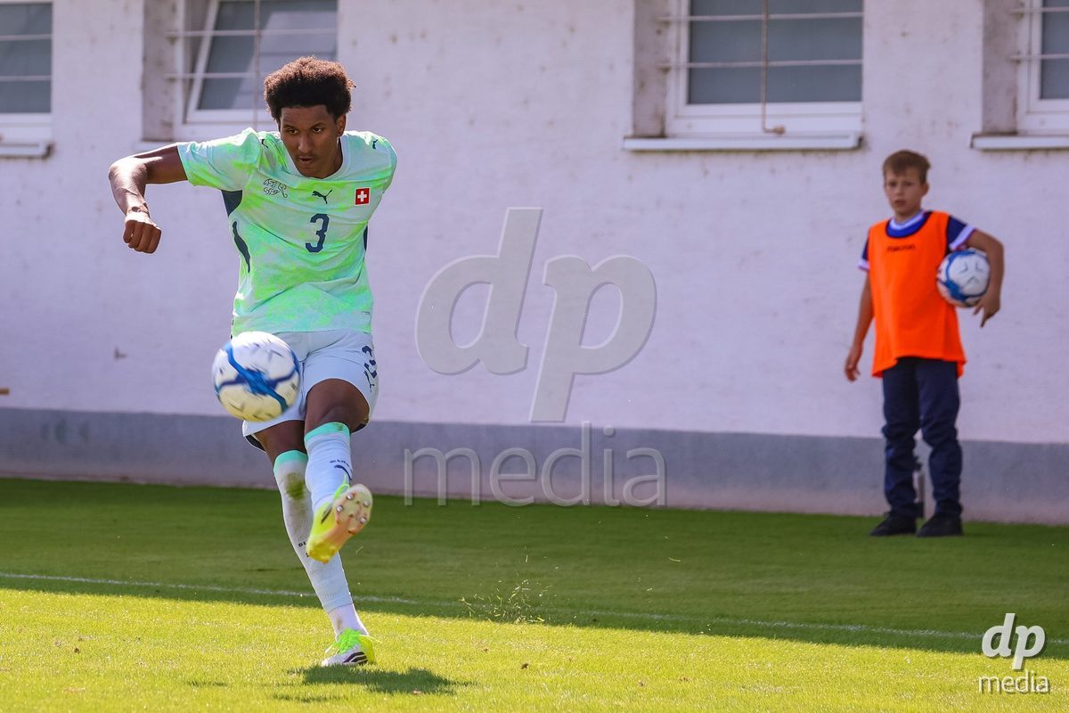 SENEC, SLOVAKIA - OCTOBER 1: Olivier Mambwa 3 of Switzerland controls the ball during International Friendly football match between Slovakia U19 and Switzerland U19 at NTC Senec on October on 1st October 2026 in Senec, Slovakia.