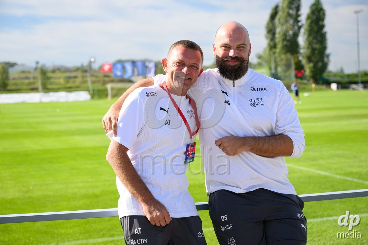 KOSMONSY, CZECH REPUBLIC - SEPTEMBER 30: Alexandre Tschiember (left) and Daniel Stuker of Switzerland before the International Friendly match between Switzerland U18 and Greece U18 on September 30, 2026 in Kosmonsy, Czech Republic.