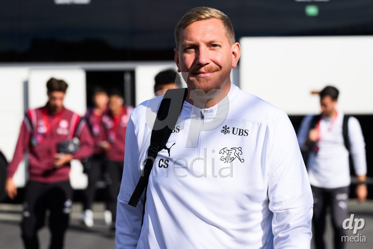 KOSMONSY, CZECH REPUBLIC - SEPTEMBER 30: Claudio Spiege of Switzerland during the team's arrival at the stadium  before the International Friendly match between Switzerland U18 and Greece U18 on September 30, 2026 in Kosmonsy, Czech Republic.