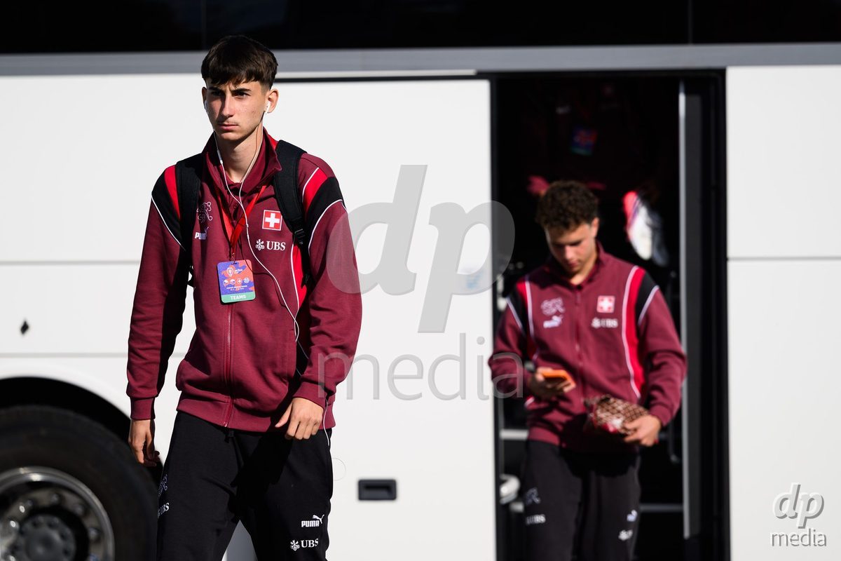 KOSMONSY, CZECH REPUBLIC - SEPTEMBER 30: Aldin Smajic of Switzerland during the team's arrival at the stadium  before the International Friendly match between Switzerland U18 and Greece U18 on September 30, 2026 in Kosmonsy, Czech Republic.