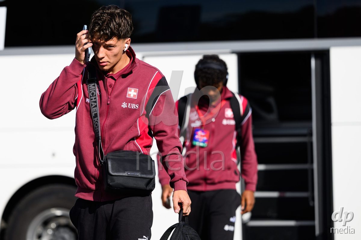 KOSMONSY, CZECH REPUBLIC - SEPTEMBER 30: Altin Azemi of Switzerland during the team's arrival at the stadium  before the International Friendly match between Switzerland U18 and Greece U18 on September 30, 2026 in Kosmonsy, Czech Republic.