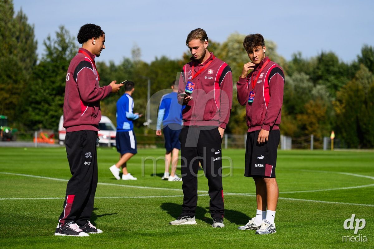 KOSMONSY, CZECH REPUBLIC - SEPTEMBER 30: Team's pitch inspection of the stadium before the International Friendly match between Switzerland U18 and Greece U18 on September 30, 2026 in Kosmonsy, Czech Republic.