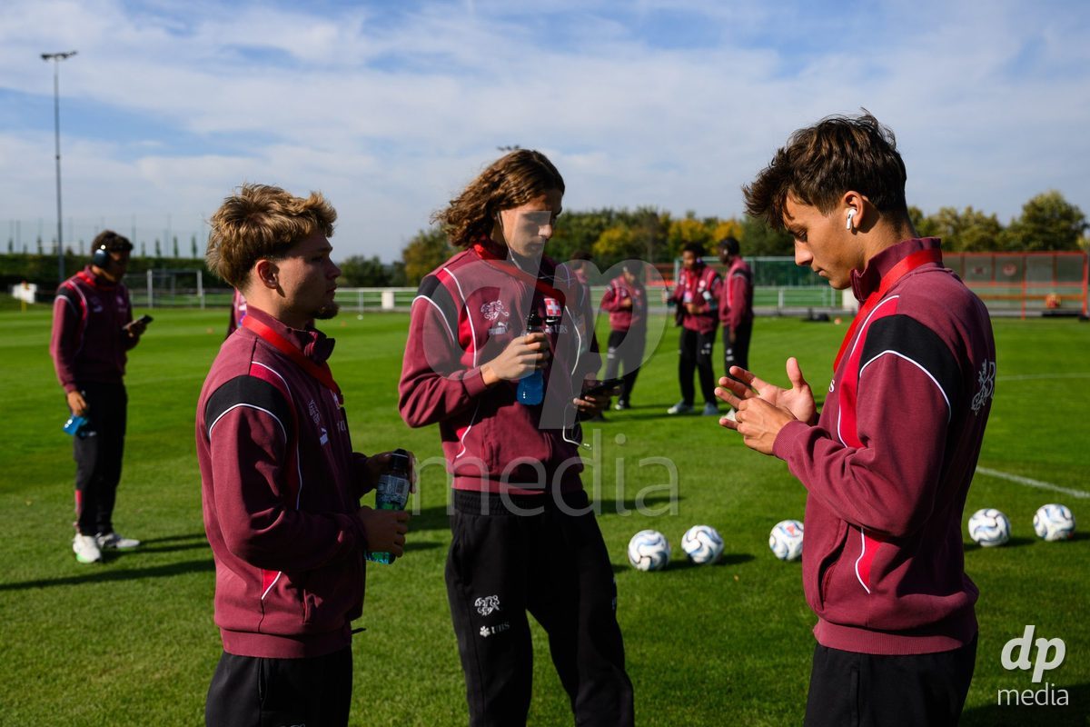 KOSMONSY, CZECH REPUBLIC - SEPTEMBER 30: Team's pitch inspection of the stadium before the International Friendly match between Switzerland U18 and Greece U18 on September 30, 2026 in Kosmonsy, Czech Republic.