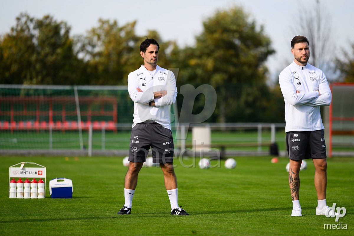 KOSMONSY, CZECH REPUBLIC - SEPTEMBER 30: Mike Chiari (left) and Greg Descombes of Switzerland during the team's arrival at the stadium  before the International Friendly match between Switzerland U18 and Greece U18 on September 30, 2026 in Kosmonsy, Czech Republic.