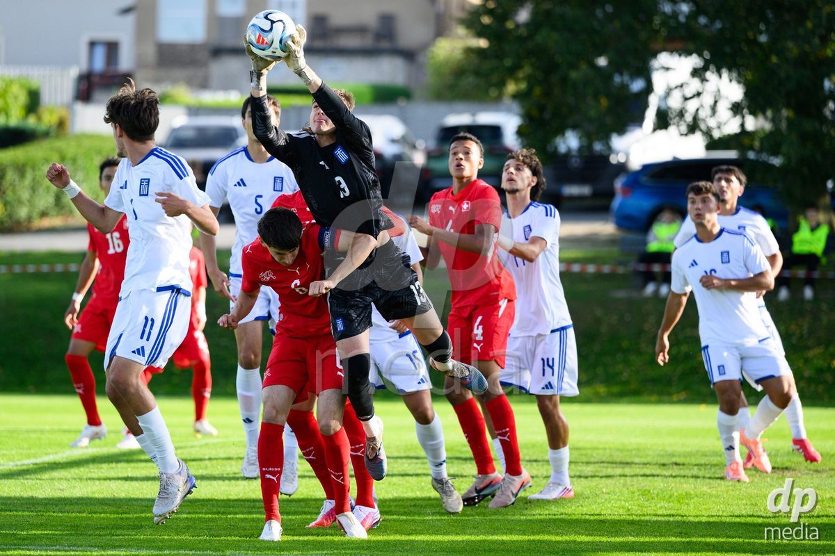 KOSMONSY, CZECH REPUBLIC - SEPTEMBER 30: Aldin Smajic of Switzerland and Georgios Nikolaidis of Greece during the International Friendly match between Switzerland U18 and Greece U18 on September 30, 2026 in Kosmonsy, Czech Republic.