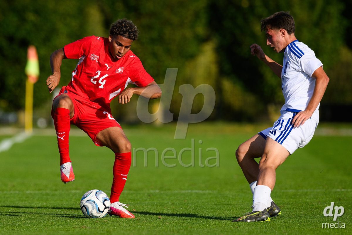 KOSMONSY, CZECH REPUBLIC - SEPTEMBER 30: Bascio Paolo of Switzerland and Argyris Argyriou of Greece during the International Friendly match between Switzerland U18 and Greece U18 on September 30, 2026 in Kosmonsy, Czech Republic.