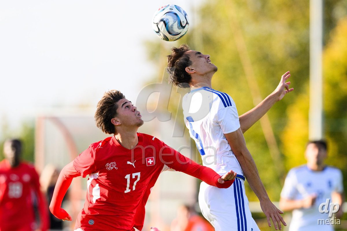 KOSMONSY, CZECH REPUBLIC - SEPTEMBER 30: Timo Wiesner of Switzerland and Andreas Poulopoulos of Greece during the International Friendly match between Switzerland U18 and Greece U18 on September 30, 2026 in Kosmonsy, Czech Republic.