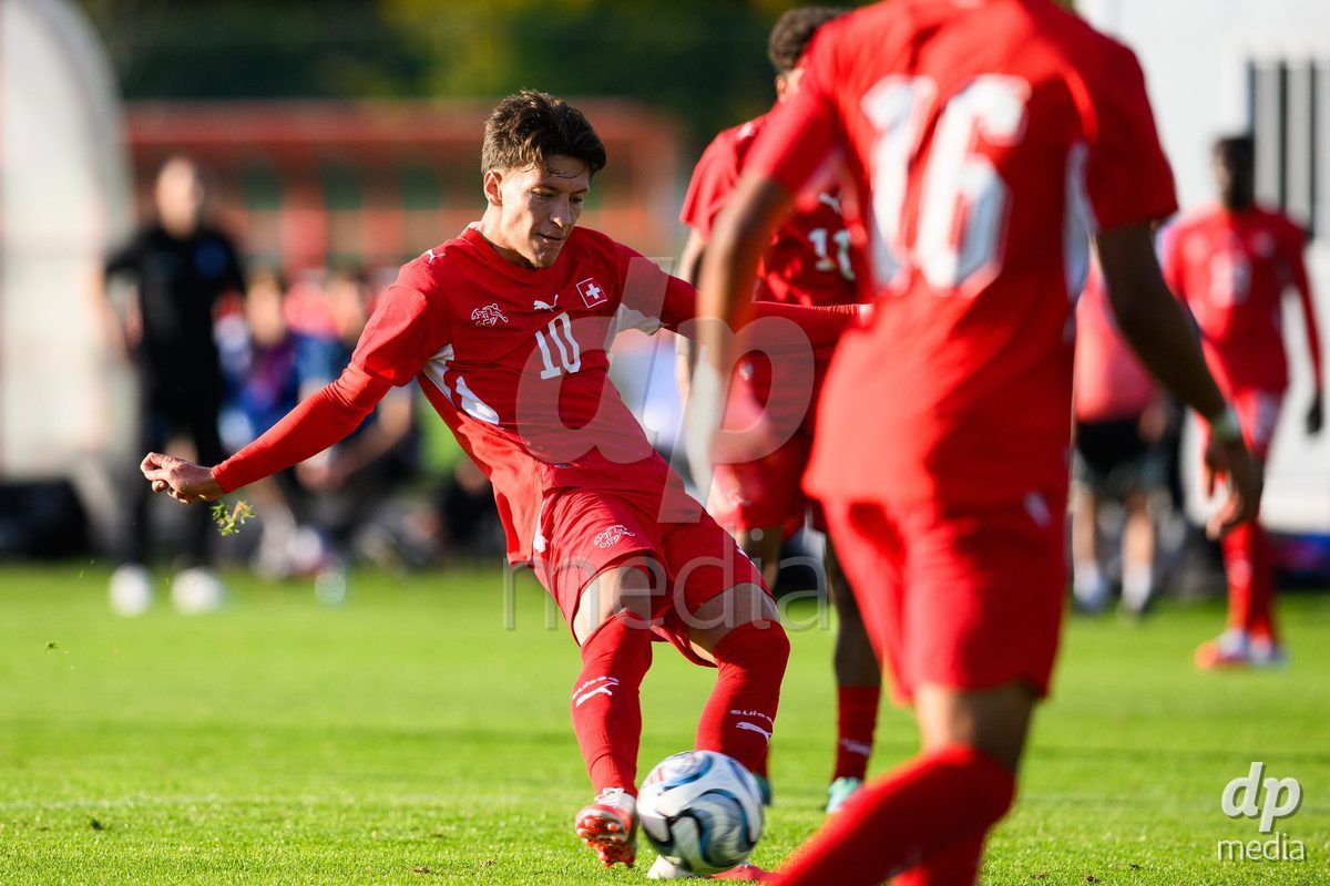KOSMONSY, CZECH REPUBLIC - SEPTEMBER 30: Altin Azemi of Switzerland scores a goal during the International Friendly match between Switzerland U18 and Greece U18 on September 30, 2026 in Kosmonsy, Czech Republic.