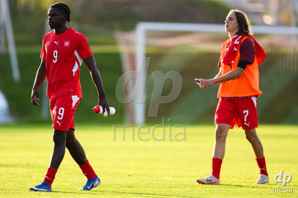 KOSMONSY, CZECH REPUBLIC - SEPTEMBER 30: Shedrach Ogbodu (left) and Ivan Izquierdo of Switzerland after the International Friendly match between Switzerland U18 and Greece U18 on September 30, 2026 in Kosmonsy, Czech Republic.