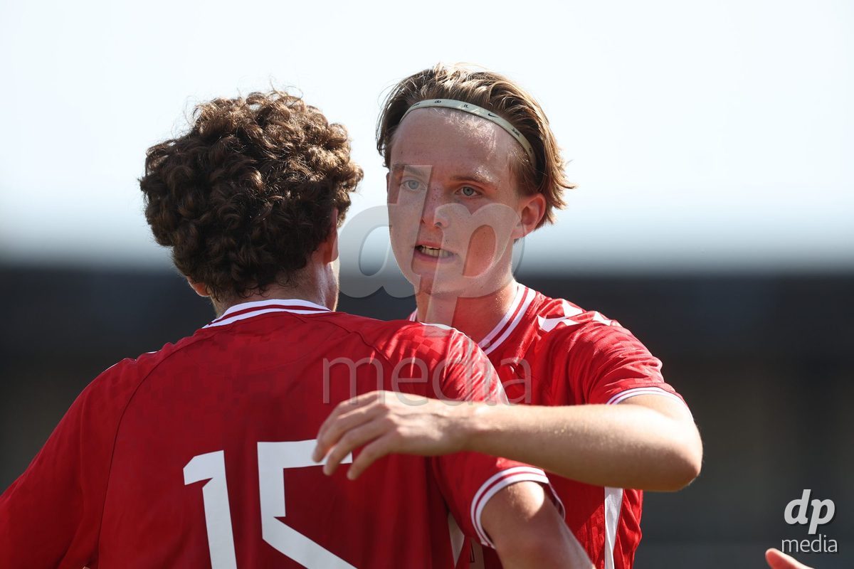 KARLOVAC, CROATIA - OCTOBER 2: Kerim Sejdic and Willads Emil Tuxen of Denmark celebrate after Kerim Sejdic scores a goal during the International Friendly match between Denmark U18 and Croatia U18 at Branko Cavlovic-Cavlek Stadium on October 2, 2026 in Karlovac, Croatia. Photo: Slavko Midzor/Pixsell/DP Media