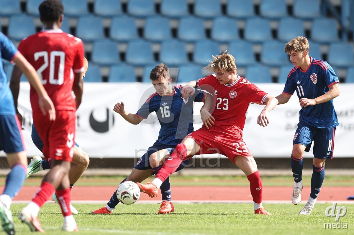 KARLOVAC, CROATIA - OCTOBER 2: Marin Modric of Croatia and Elias Frej Sahl Moller Jensen of Denmark competes for the ball during the International Friendly match between Denmark U18 and Croatia U18 at Branko Cavlovic-Cavlek Stadium on October 2, 2026 in Karlovac, Croatia. Photo: Slavko Midzor/Pixsell/DP Media