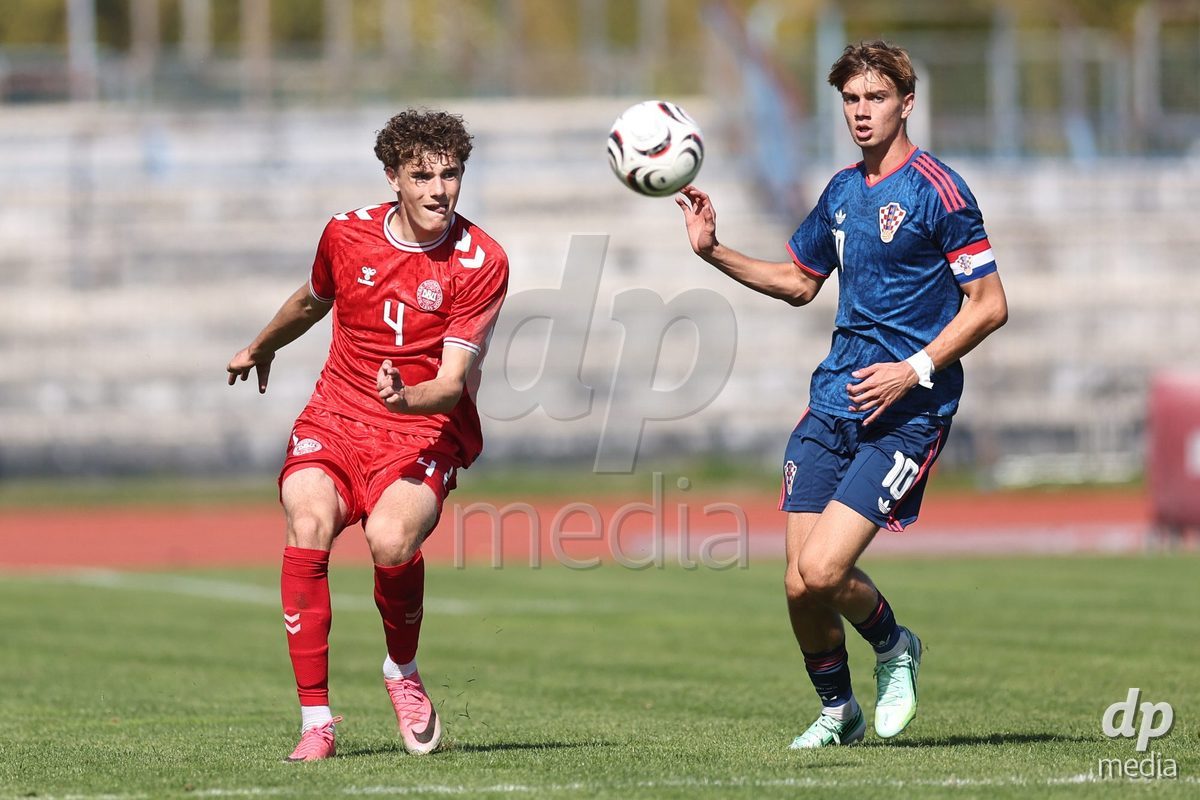 KARLOVAC, CROATIA - OCTOBER 2: Raphael Canut Pedersen of Denmark and Jona Benkotic of Croatia during the International Friendly match between Denmark U18 and Croatia U18 at Branko Cavlovic-Cavlek Stadium on October 2, 2026 in Karlovac, Croatia. Photo: Slavko Midzor/Pixsell/DP Media