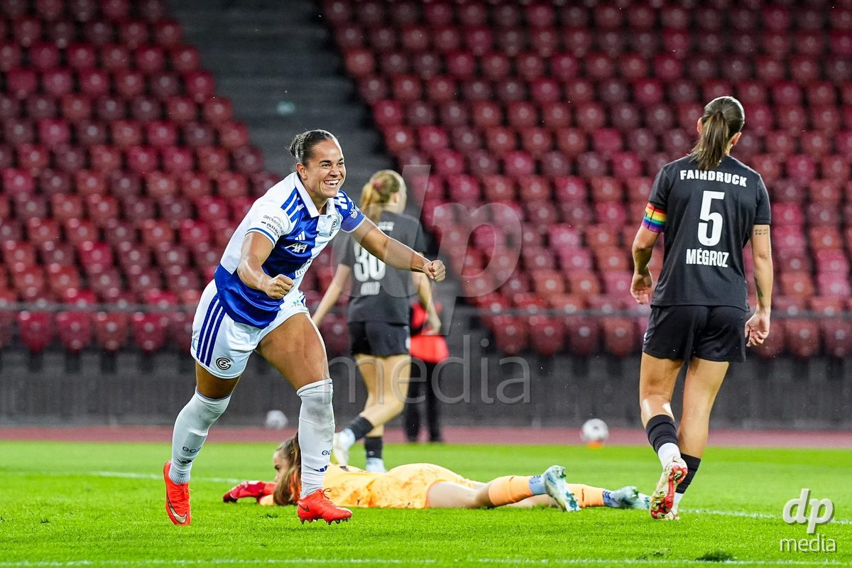 ZURICH, SWITZERLAND - OCTOBER 2: Kayla Mckenna of Grasshopper Club Zurich celebrates after scoring her teams first goal during the AXA Women's Super League match between GC Frauenfussball and FC Zurich at Letzigrund on October 2, 2026 in Zurich, Switzerland.