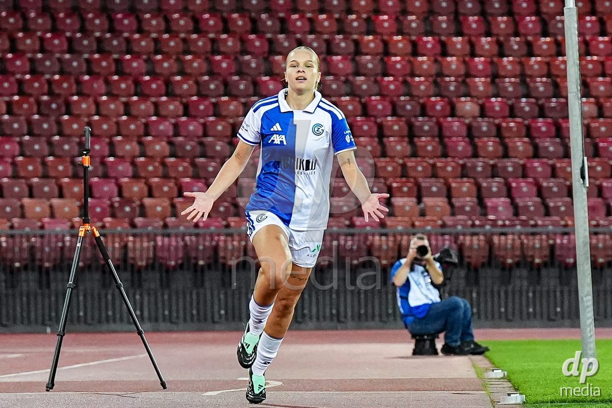 ZURICH, SWITZERLAND - OCTOBER 2: Ella Ljustina of Grasshopper Club Zurich celebrates after scoring her teams second goal during the AXA Women's Super League match between GC Frauenfussball and FC Zurich at Letzigrund on October 2, 2026 in Zurich, Switzerland.