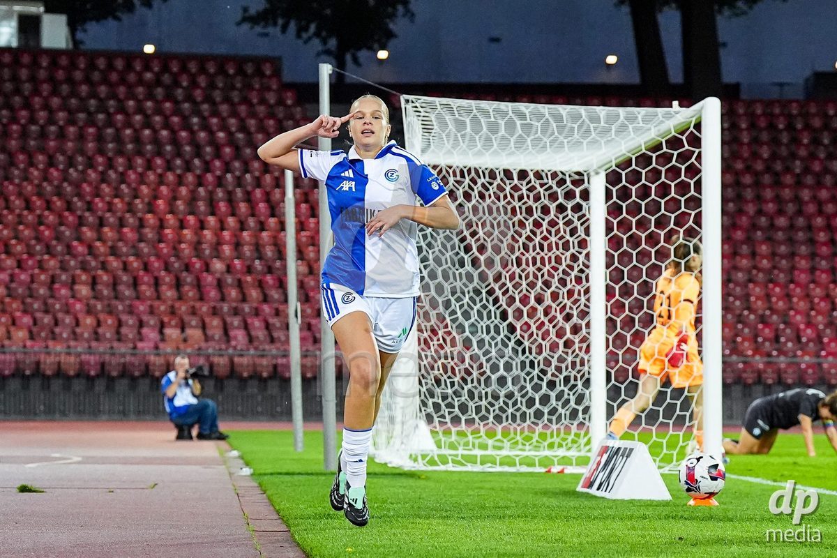 ZURICH, SWITZERLAND - OCTOBER 2: Ella Ljustina of Grasshopper Club Zurich celebrates after scoring her teams second goal during the AXA Women's Super League match between GC Frauenfussball and FC Zurich at Letzigrund on October 2, 2026 in Zurich, Switzerland.