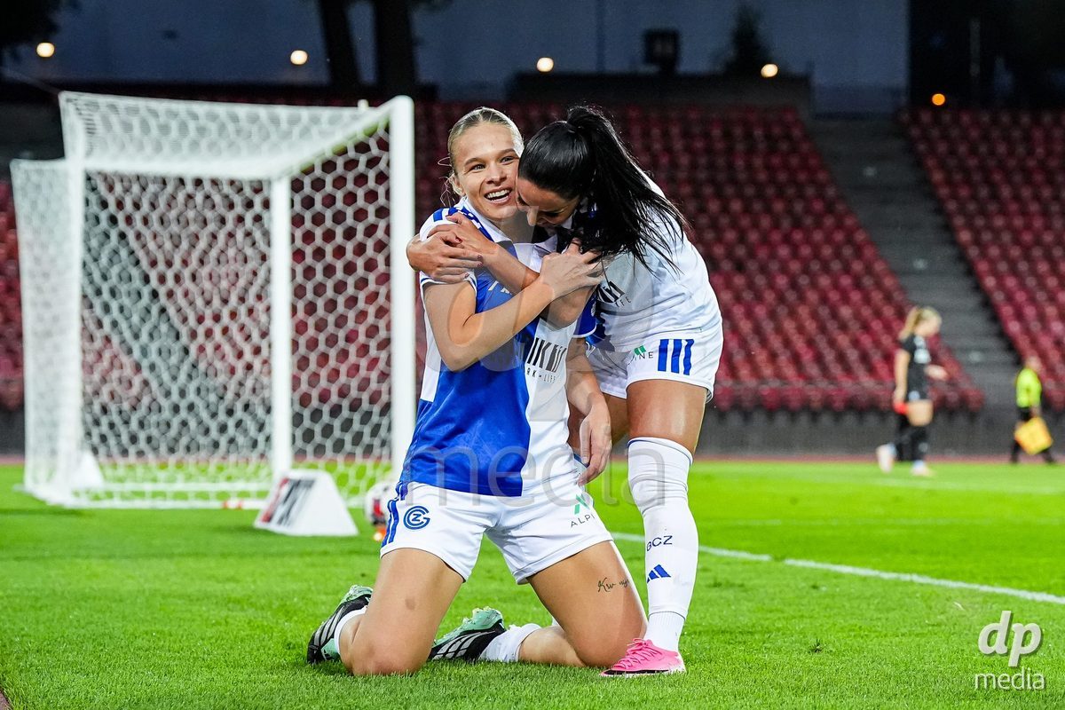 ZURICH, SWITZERLAND - OCTOBER 2: Ella Ljustina of Grasshopper Club Zurich celebrates with Qendresa Krasniqi of Grasshopper Club Zurich (R)after scoring her teams second goal during the AXA Women's Super League match between GC Frauenfussball and FC Zurich at Letzigrund on October 2, 2026 in Zurich, Switzerland.